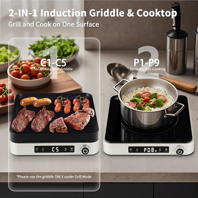 2-in-1 Induction Cooktop with Grill Pan – Portable 1 Burner Induction Hot Plate 1800W, Removable Griddle, 10 Power & 5 Temp Levels, Touch & Knob Control for Kitchen or RV Camping