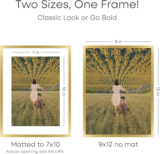 Homeforia 9x12 Gold Frame, High End Metal 9 x 12 Picture Frames with Mat 7 by 10 inch Photo, 9by12 Thin Poster Frame Matted to 7x10 Art, 12x9 Wall or Tabletop Frame, Tempered Glass, Wall Kit, Set of 4