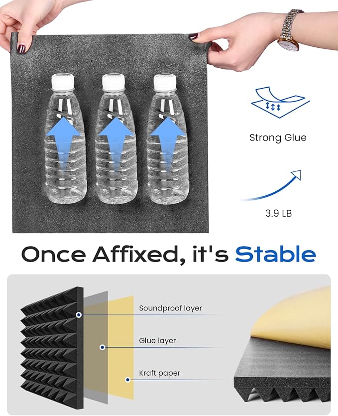 Sonicism Sound Proof Foam Panels for Walls Upgrade Self-Adhesive 12 Pack Pyramid 3"X12"X12" Acoustic Panels 35kg/m³High Density,Soundproof Wall Panels Fast Expand,Sound Absorption and Decoration,Black