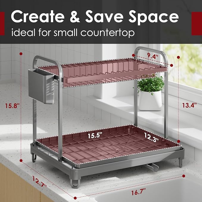 Sakugi Dish Drying Rack 2-Tier 15" x11.4" x15" Gray Double Rod | Kitchen - Image 2