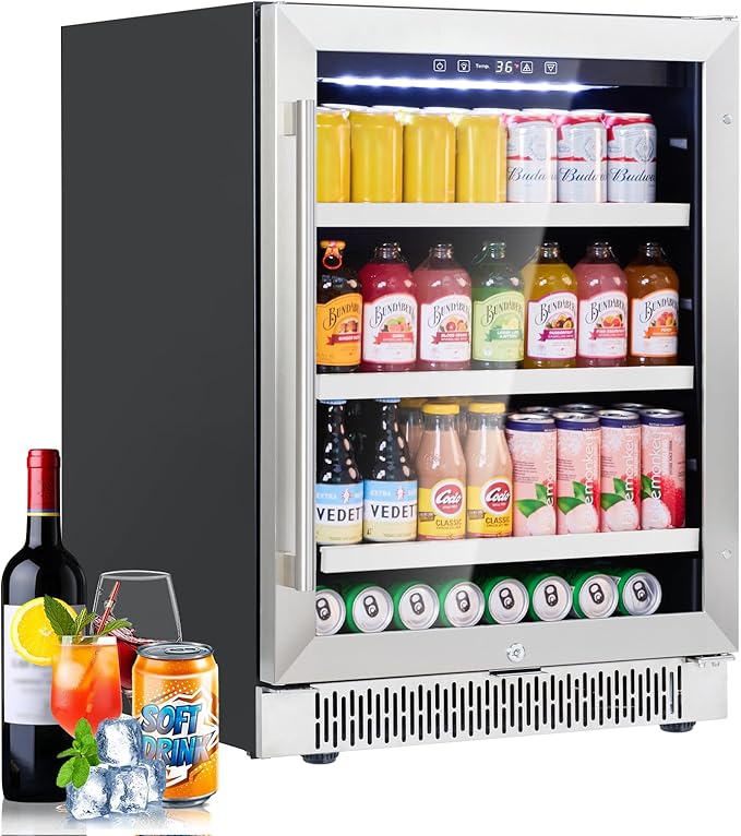 24 Inch Beverage Refrigerator Cooler, Beverage Fridge with Stainless Steel Door for 164 Cans, Built-in Counter or Freestanding 3-Color LED Light Beer and Drink Fridge for Bar Home Office