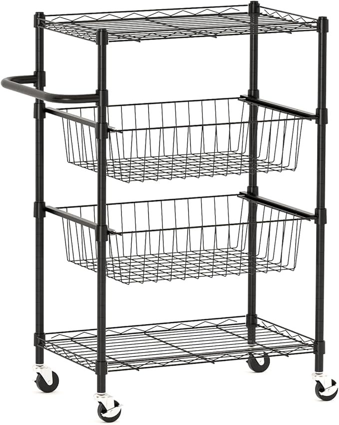 4-Tier Rolling Storage Cart with Adjustable Shelves & Baskets, Metal Utility Cart with 110lbs Capacity, Tool-Free Assembly for Kitchen, Bathroom, Living Room, Office, Black