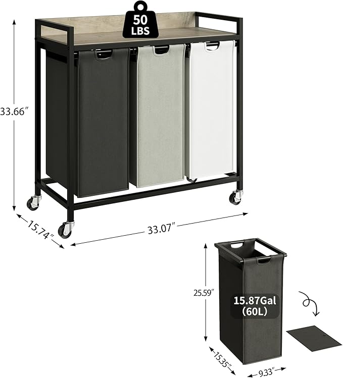 Herture Laundry Hampers with Shelf, Laundry Basket 3 Section, 3 x 15.87 Gal - Image 4