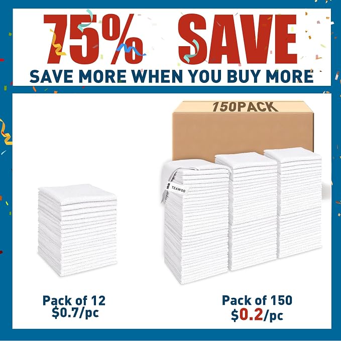 TEAWOO White Microfiber Towels- 150 Pack, Microfiber Cleaning Cloths Bulk | - Image 2
