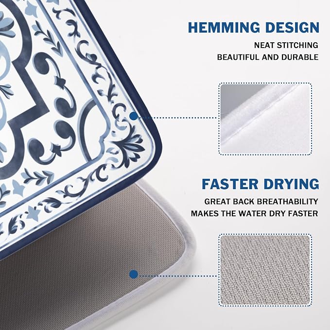 Giwawa Navy Flower Dish Drying Mat Modern Boho Microfiber Dishes Drainer Pad - Image 4