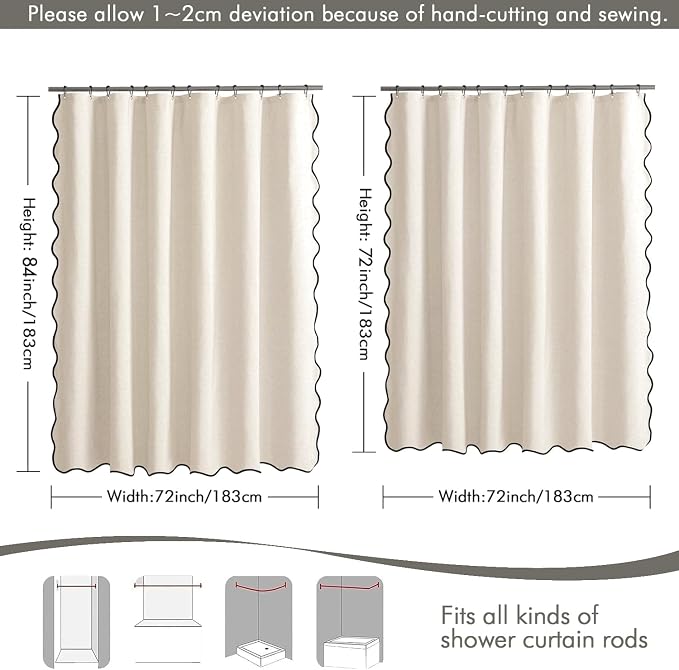 MIULEE 72"x84" Extra Long Scalloped Linen Shower Curtain Light Cream - Image 6