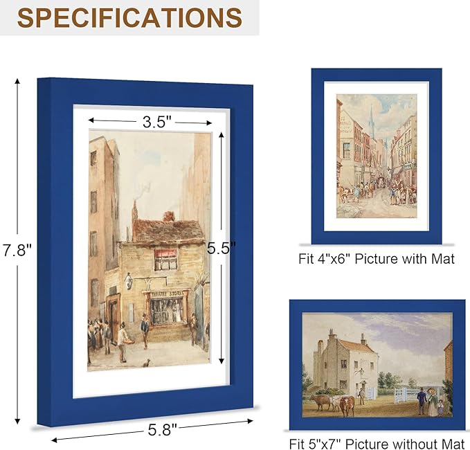 Vittanly 5x7 Picture Frame, Solid Wood Frame with Plexiglass, Includes 4x6 Mat, Wall Hanging or Tabletop for Home Decor, Royal Blue, 1 Pack