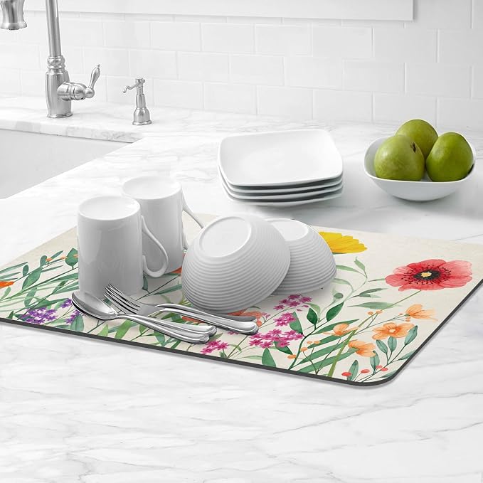LOKHOM 12"x20" Dish Drying Mat，Colorful Floral Coffee Mat | Ultra Absorbent - Image 9