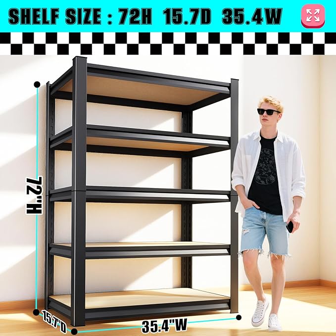Garage Shelving 5-Tier Adjustable Metal Garage Shelves Heavy Duty Unit,3000 LBS Steel Shelf Storage Rack Suitable for Industries,Warehouses,Basement,Black(Wood-72'H x 45.7''W x 19.7''D)