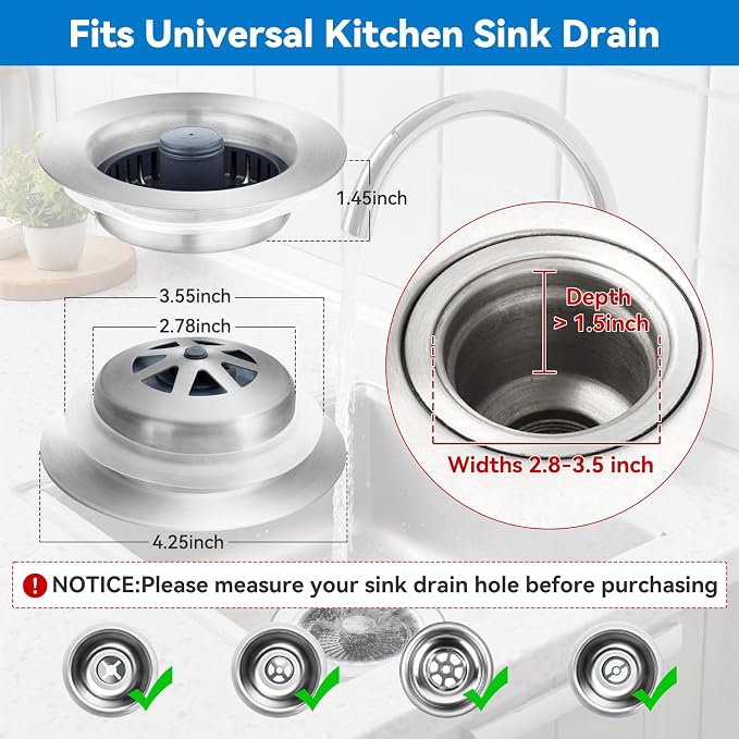 Upgraded 3-in-1 Kitchen Sink Drain Strainer, Stainless Steel Pop Up Kitchen - Image 3