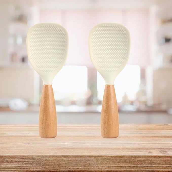 2 Pack Silicone Rice Paddle Spoon with Wood Handle, Nonstick Standing Rice Cooker Spatula Kitchen Tool, White