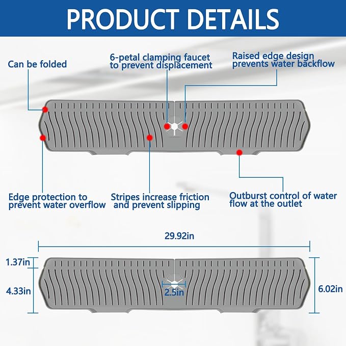Kitchen Sink Splash Guard Gen2-30" x 6'' Silicone Sink Mat Splash Guard fit - Image 2