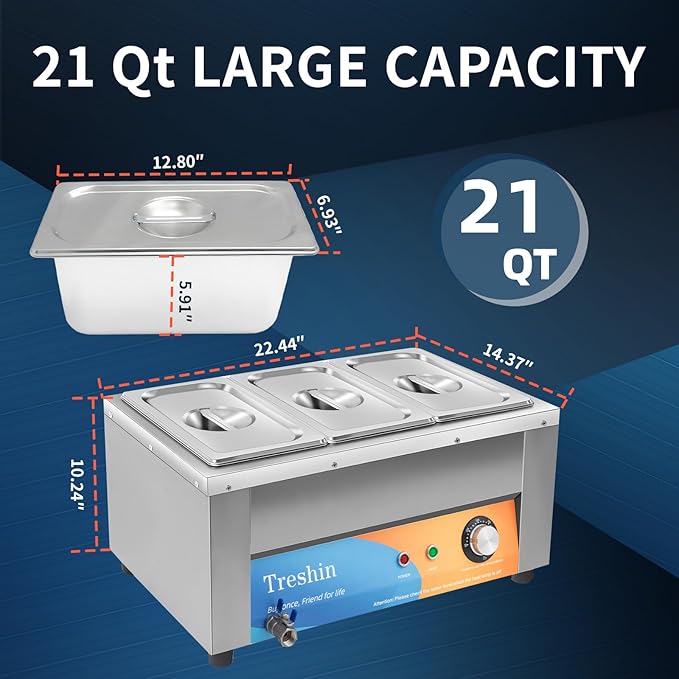 Treshin 3 Pan Commercial Food Warmer 21 Qt Capacity 1200W Stainless Steel Electrical Bain Marie Buffet Food Warmer Steam Table with Temperature Control & Lid for Home, Party, Catering, Restaurants