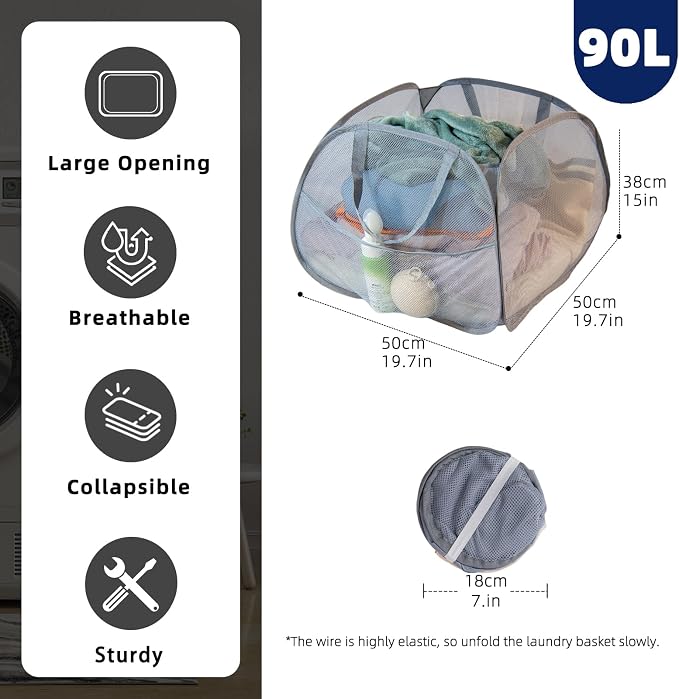 Collapsible Laundry Basket 90L, Mesh Pop-up Hamper, Side Storage Pocket - Image 2