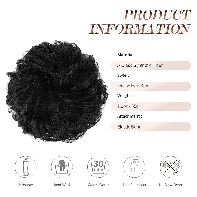 FESHFEN Large Messy Bun Hair Piece - Wavy Synthetic Chignon Scrunchies Elastic Ponytail Hair Extensions Thick Hairpieces for Women, Natural Black 1.94oz