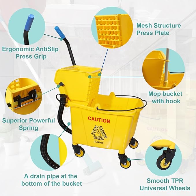 Side Press Wringer Combo Commercial Mop Bucket on Wheels, 35 Quart,Yellow, Including Commercial Mop and Rubber Gloves