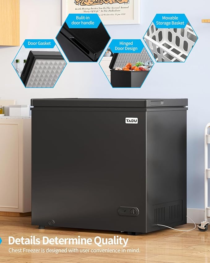 TABU 10 Cu Ft Deep Freezer,Top Opening Chest Freezer with Removable Basket, Energy Saving Compact Freezer with 7 Level Adjustable Thermostat(Black)