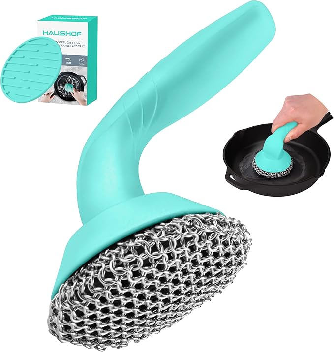 HAUSHOF Cast Iron Scrubber with Long Handle, Chainmail Scrubber Cast Iron Cleaner for Pan, Kitchen Cleaning Kit for Grill, Dutch, Oven