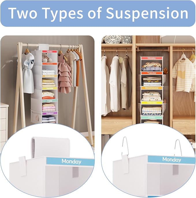 Fixwal Weekly Kids Clothes Organizer 2 Pack 6-Shelf Hanging Storage | Nonwoven - Image 4