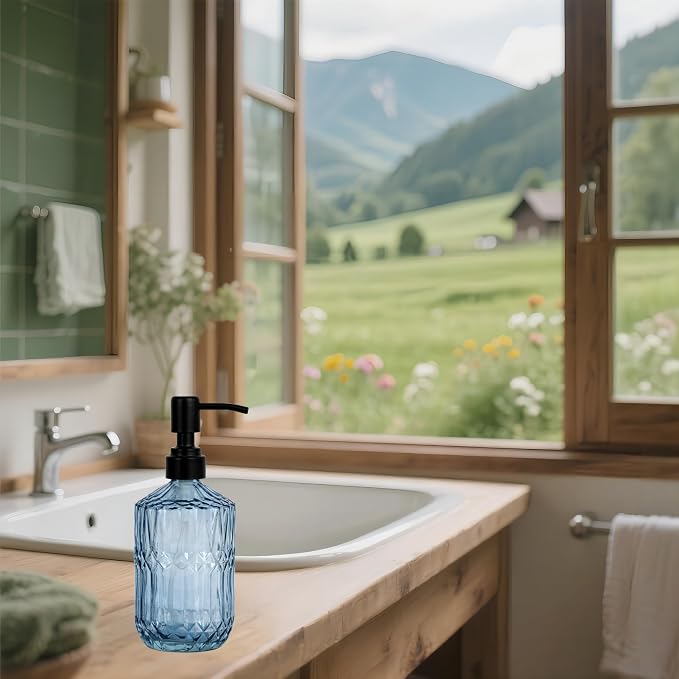 18oz Blue Glass Soap Dispenser, Refillable Kitchen, Bathroom Thick Glass Soap - Image 2