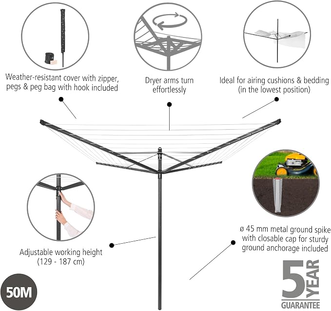 Brabantia Lift-O-Matic Outdoor 4 Arm Clothesline Height Adjustable, Folding - Image 2