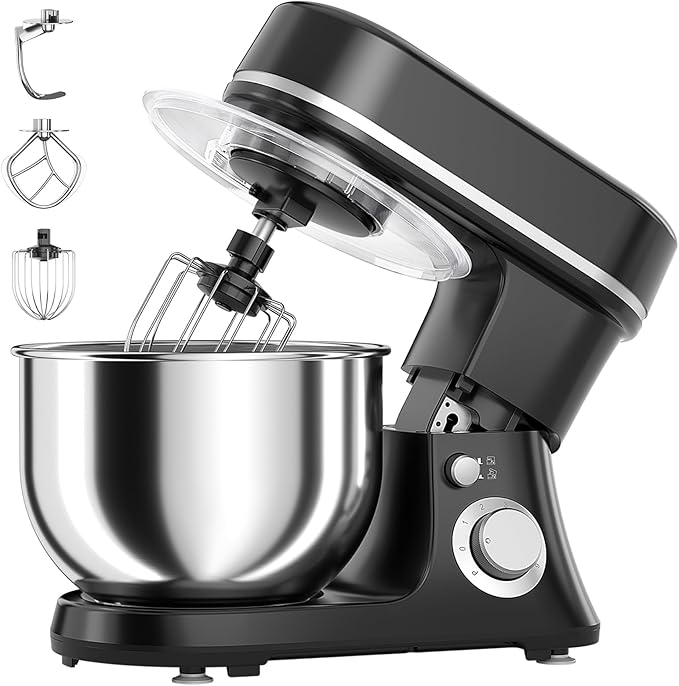 800W Stand Mixer with 5.3QT Stainless Steel Bowl - 6+P Adjustable Speed Electric Kitchen Mixer with Dough Hook, Whisk & Beater, Tilt-Head & Non-Slip Design- Black (YD-385NS)