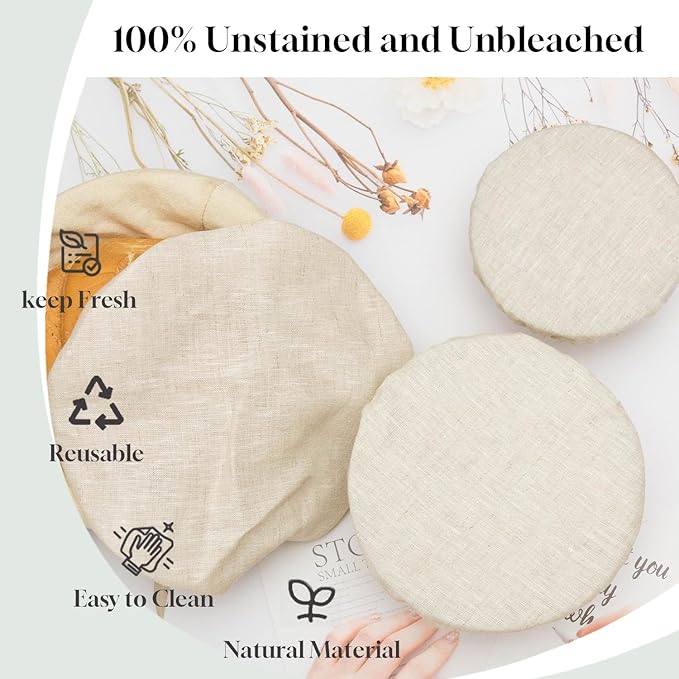 3 Pack 15CM 100% Pure Linen Bowl Covers, Elastic Organic Bowl Cover Lids, 100% Natural Organic Linen,Unbleached,Perfect for Soup Bowls, and Cereal Bowls