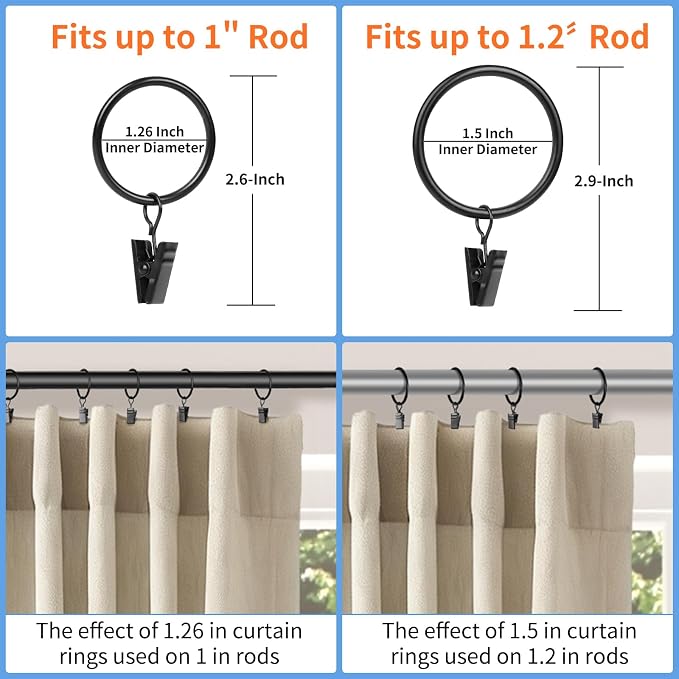 Curtain Rings with Clips, 44 Pack Metal Drapery Rings with Clips Hooks Hangers - Image 3