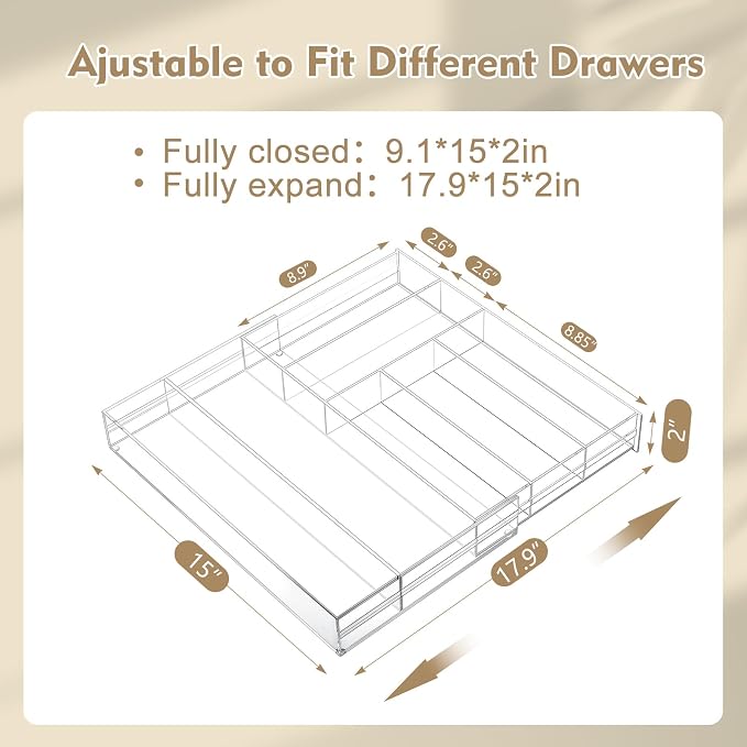 Briwooody Clear Acrylic Drawer Organizer Expandable, 7 Compartments, Large | - Image 2