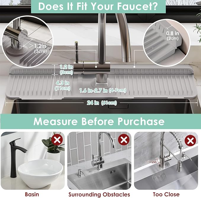 24-Inch Silicone Faucet Mat for Kitchen Sink Splash Guard, 7° Slope | 24"x5.5" - Image 2