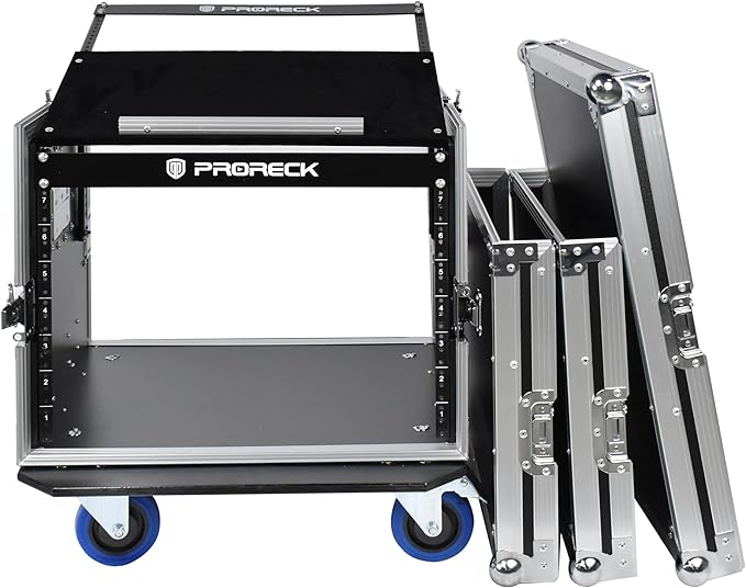 PRORECK 8U Rack/Road Case With Slant Mixer Top, And Casters, 20'' Rackable Depth, Plywood, 8U Installation Size, Pro Stage Performance.