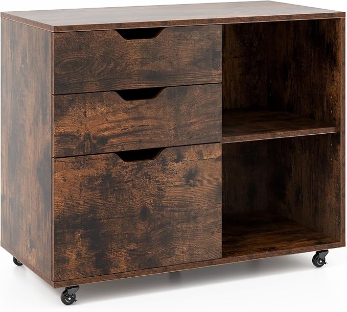 File Cabinet, Mobile Filing Cabinet w/Universal Wheels & 3 Drawers, Wood Printer Stand with Storage, Rolling File Cabinets for Home Office, Living Room, Bedroom (Rustic Brown, 3 Drawers)
