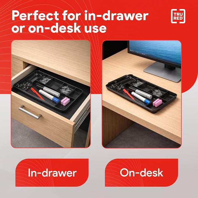 TRU RED Expandable Plastic Drawer Organizer, 7-Compartment, and office supplies. - Image 5