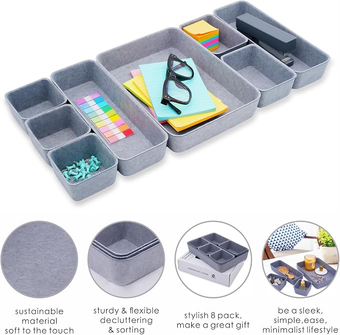 Minimalist 8pc Felt Desk Drawer Organizer Glacier Gray Bins - Image 6