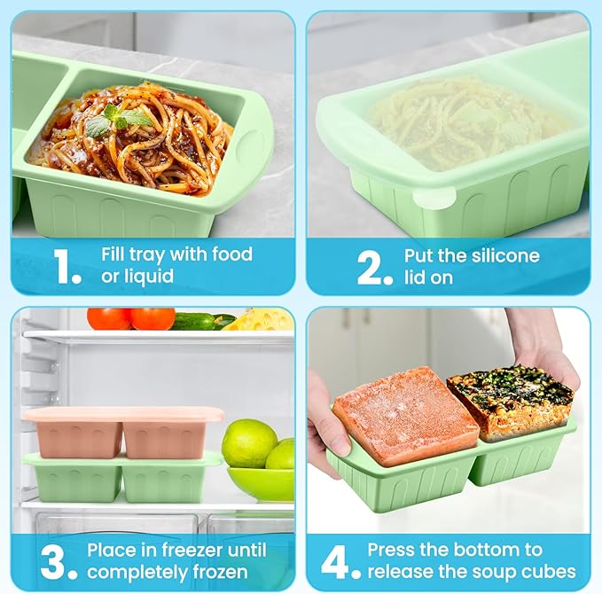 2 Pack Silicone Freezer Trays With Lid For Easy Storage Silicone Soup Freezer Molds 2 Cup ，Perfect For ice cube tray Freezing Broth Sauces Store Leftovers , Leakproof, Easy Release Dishwasher Safe