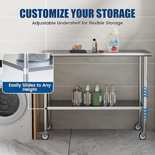 Stainless Steel Work Table with Wheels, 24x60 Inch NSF Kitchen Prep Table with Adjustable Undershelf for Commercial Restaurant, Garage, Outdoor BBQ