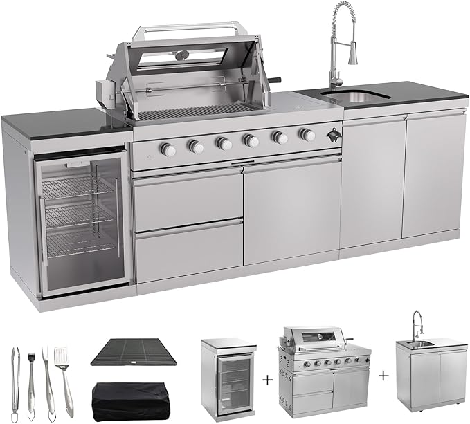 104 Inch Outdoor Kitchen Island, 7200 BTUsGas Grill Combination With Refrigerator and Sink, Outdoor Stainless Steel Barbecue Bar, Propane Grill for Patios, Gardens, Parties