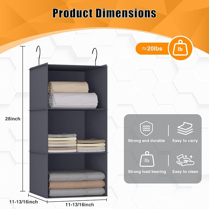 Hanging Closet Organizer 3-Shelf, Oxford Fabric Wardrobe Storage, Dark Gray | - Image 3