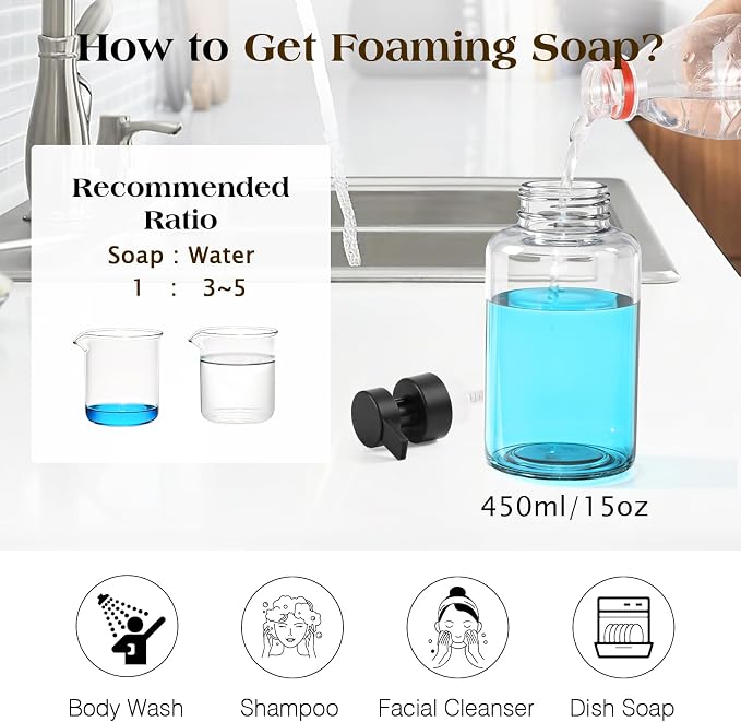 Luxspire 15oz Glass Foaming Soap Dispenser Set, 2 Pack | Anti-drip pump - Image 5
