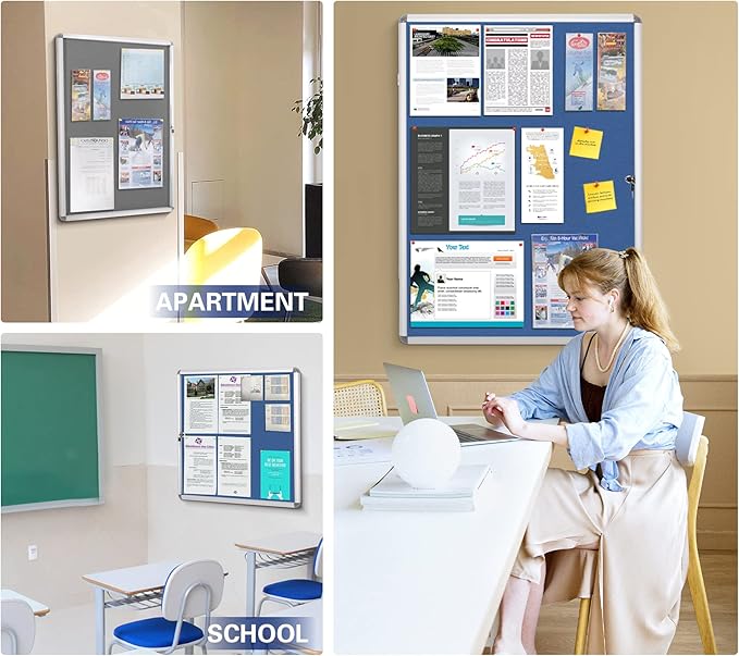 SWANCROWN Fabric Bulletin Board Enclosed Wall-Mounted Display Case for Office Classroom Home,26x20inch(4xA4)