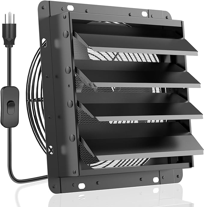 HG Power 14 Inch Shutter Exhaust Fan, 882CFM High-Speed Vent Fan, 1400RPM Wall Mounted Attic Fan with Steel for Shed, Garage, Greenhouse Ventilation, Black