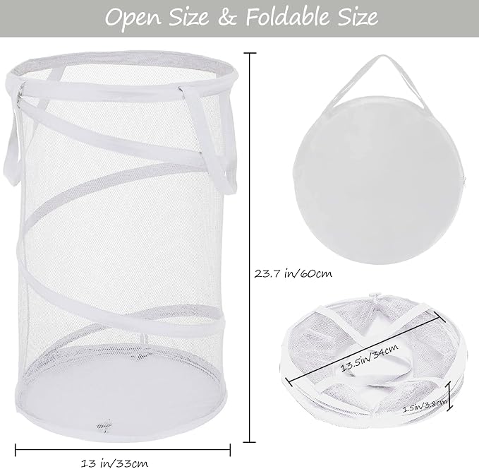 BATTOO 2 Pack White Large Collapsible Laundry Basket Foldable Mesh Pop Up Hamper - Image 2
