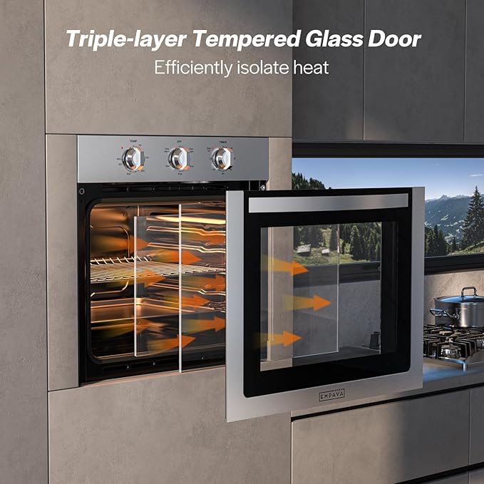 Empava Built-In Electric Single Wall Oven 24 inch, 2.5 Cu. ft. Capacity 4 Cooking Modes, Knob Control, 2950 Watts, Stainless Steel
