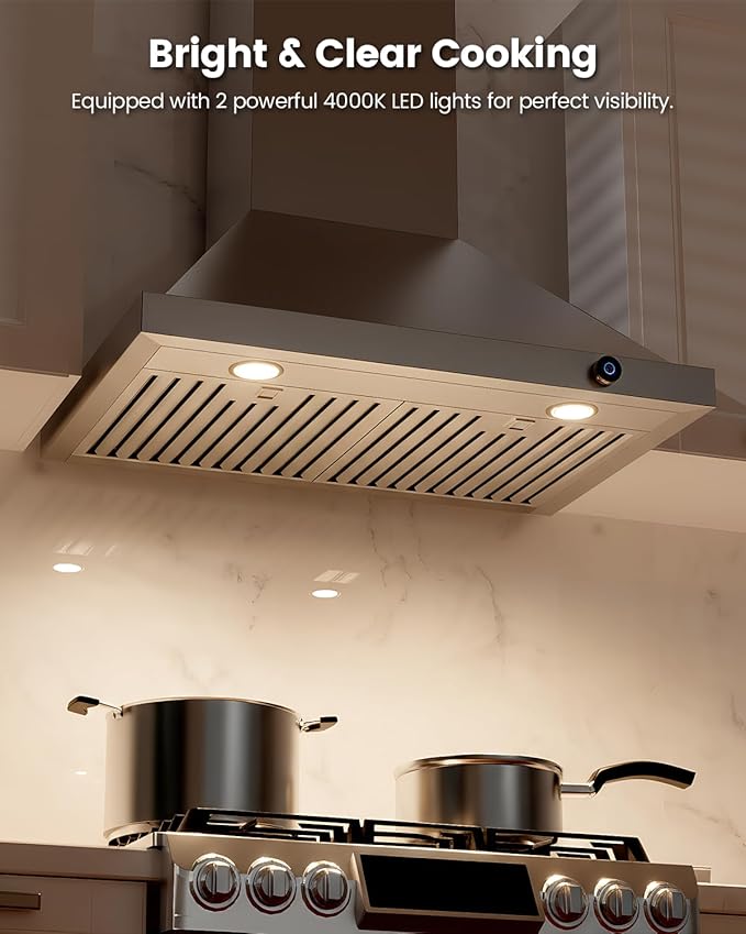 JOCO 36 Inch Wall Mount Range Hood, 900 CFM Stainless Steel Kitchen Chimney Vent Hood, Convertible for Ducted or Ductless Installation, 4-Speed Knob Control P02-36K