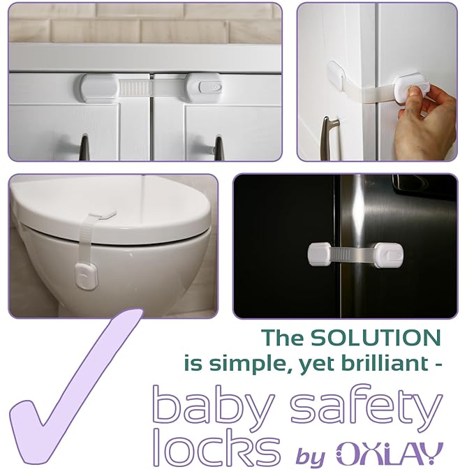 Baby Proofing Safety Cabinet Locks - Child Proof Latches for Drawer Cupboard Dresser Doors Closet Oven Refrigerator - Adjustable Childproof Straps by Oxlay - White - 6 Pack