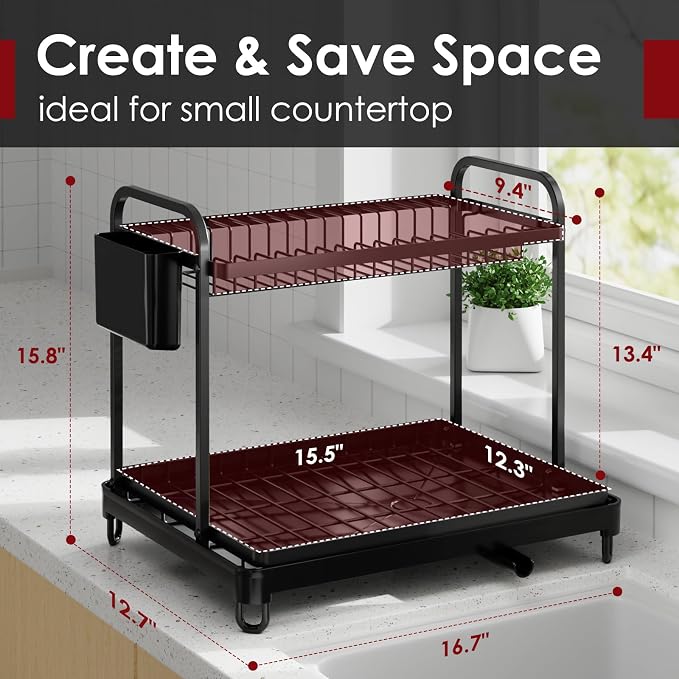 Sakugi Dish Drying Rack 2-Tier 16.7" x12.7" x15.8" Black Double Rod | Kitchen - Image 2