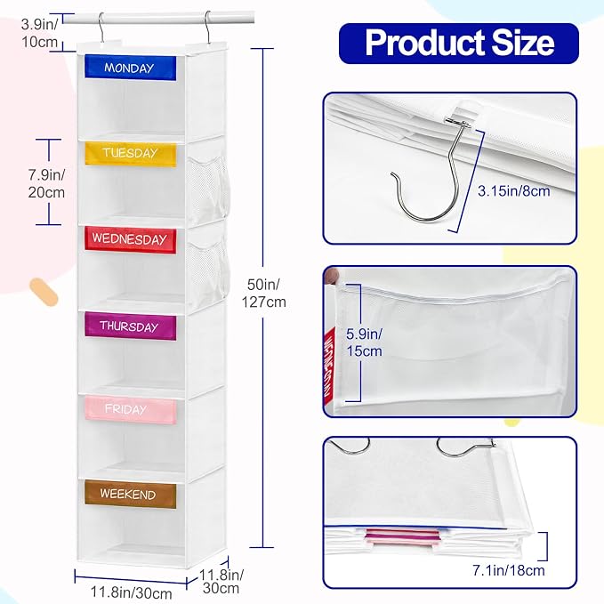 Weekly Clothes Organizer for Kids, 6-Shelf Hanging Closet Organizer - Image 3