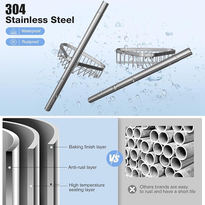 ESSEME Corner Shower Caddy Tension Pole: Adjustable Rustproof 4-Tier Inside - Image 4