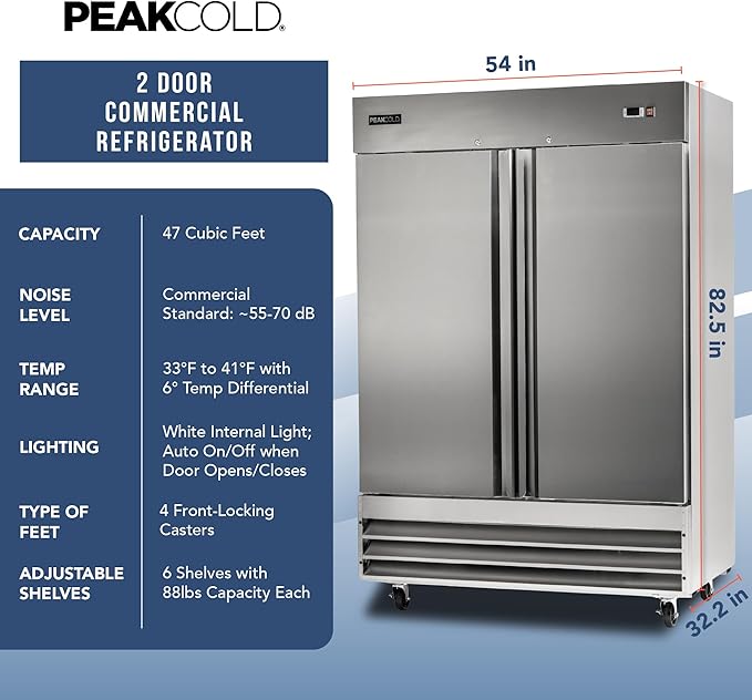 PEAKCOLD Double Door Commercial Refrigerator - 47 Cubic Ft, 54" Wide Stainless Steel Reach-In Commercial Refrigerator with White Internal Lighting - Freestanding Industrial Fridge