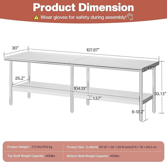 Jocisland 30" x 108" Stainless Steel Table for Prep & Work Adjustable Under Shelf and Feet, for Commercial Kitchen, Restaurant, Hotel, Garage